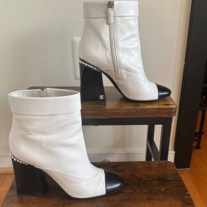 CHANEL White and Black Ankle Boots with Pearl Detail